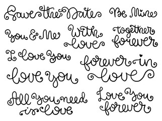 Vector collection of romantic phrases. 