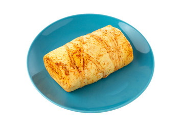 Cheese on a plate on a white background. Cheese with spices on a plate.