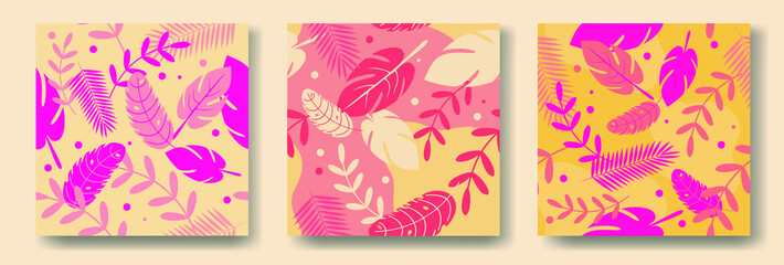 Summer background set with flat leaves pattern. Cool colorful backgrounds. Applicable for Banners, Placards, Posters, Flyers.