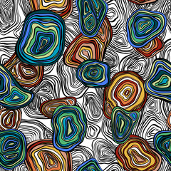 Abstract seamless pattern. Original graphic illustration. Color drawing of different shapes on a white background. Creative doodle wallpaper. Design for prints, posters, cards, etc.
