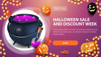 Halloween sale and discount week, horizontal pink discount banner with halloween balloons, pumpkin, garland and witch's cauldron with potion