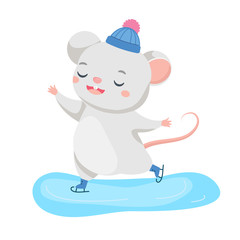 Cartoon mouse. Cute rat enjoy ice skating