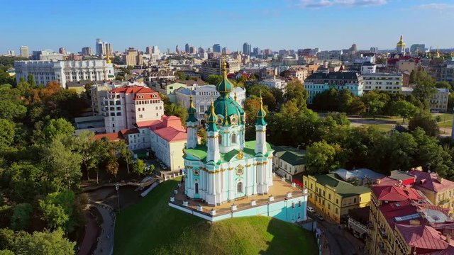 Aerial drone video Famous St. Andrews Church and panorama of Kyiv, Ukraine