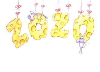 Mice and cheese,characters. New year 2020.Hand drawn.Watercolor illustration.
