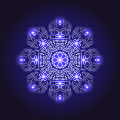 White circular abstract pattern with blue lights isolated on dark background. Magic snowflake. Vector illustration.