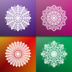 Set of white circular abstract patterns. Round vector ornament. Snowflake. Mandala. Arabesque. Vector illustration.