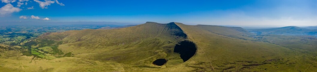 Aerial drone panorama of Corn Du and Pen-y-Fan mountains in the Brecon Beacons, South Wales, UK - obrazy, fototapety, plakaty