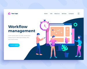 Landing page template workflow management concept with office people