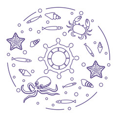 Wheel, fish, seashells, starfish, crab, octopus.