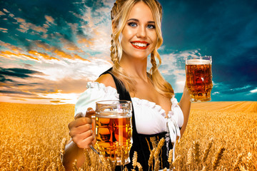 Young sexy oktoberfest girl waitress, wearing a traditional Bavarian or german dirndl, serving big...