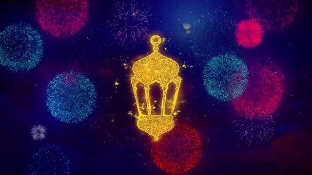 Islamic, islam, religious, Monument, Monuments Icon Symbol on Colorful Fireworks Particles. Object, Shape, Design, Text Element 4K Loop Animation