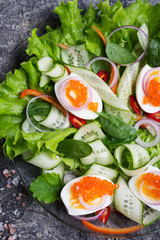 fresh  gourmet salad with  red  salmon caviar and  eggs and vegetables. close up.  Protein luxury delicacy  healthy food. beautifull served. flat lay