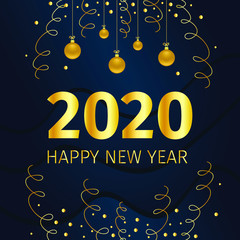 Happy New Year and Merry Christmas 2020. Lettering with a golden gradient. flickering gold dust on a dark background. Vector poster, greeting, card, banner, invitation.