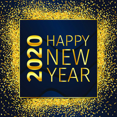 Happy New Year and Merry Christmas 2020. Lettering with a golden gradient. flickering gold dust on a dark background. Vector poster, greeting, card, banner, invitation.