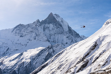 Nepal himalayas annapurna base camp trekking route with view of machapuchare or fishtail peak with...
