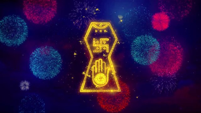 Jain hand. Ahimsa Indian, jainisms, hindu religious Icon Symbol on Colorful Fireworks Particles. Object, Shape, Design, Text, Element, 4K Loop Animation.