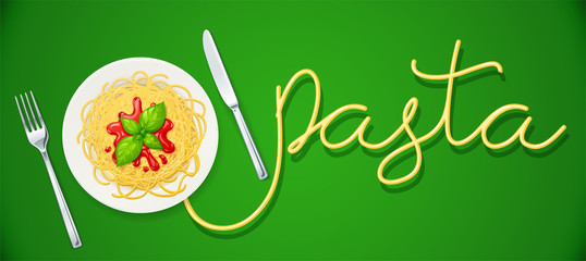 Spaghetti at plate. Pasta with ketchup. Noodles decorated basil leaf. Concept design for italian traditional food. Green background. Eps10 vector illustration.