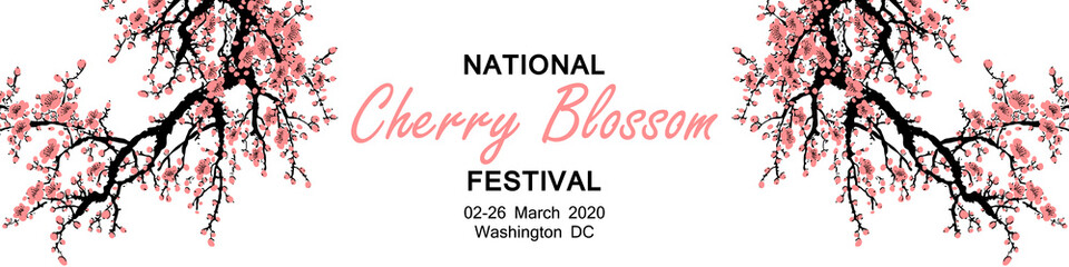 Cherry Blossom Event Template with Branch with Pink Cherry Flowers Blooming. Sakura Blossoming Festival Banner. Chinese or Japanese Traditional Tree. Vector