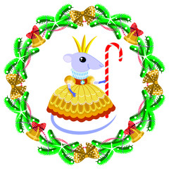 Mouse Queen new year, in a frame of a Christmas wreath