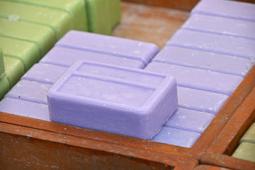 Obraz na płótnie Canvas Traditional beauty hard soap bars in wooden box