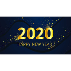Happy New Year and Merry Christmas 2020. Lettering with a golden gradient. flickering gold dust on a dark background. Vector poster, greeting, card, banner, invitation.