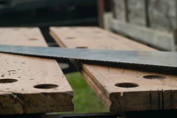 Wooden workbench with saw for DIY and carpentry work