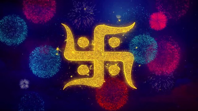 Hindu, holy, indian, religion, swastik, swastika Icon Symbol on Colorful Fireworks Particles. Object, Shape, Design Text Element 4K Loop Animation