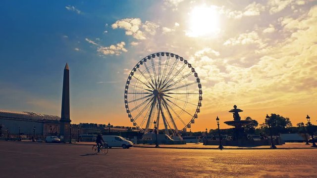 Hyperlapse of Place de la Concorde, largest public square in Paris, France. Cinematic sunrise shot.