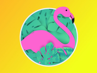 Tropical Flowers and Flamingo Summer Banner, Graphic Background, Exotic Floral Invitation, Flyer or Card. Modern poster material paper cut style.