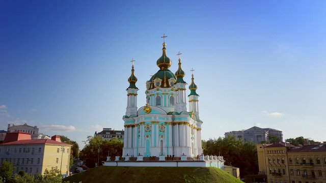 Aerial drone video Famous St. Andrews Church and panorama of Kyiv, Ukraine