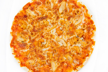 Classic Seafood Pizza with white background.