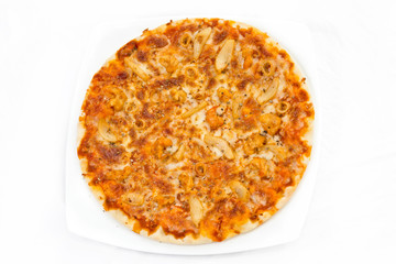 Classic Seafood Pizza with white background.