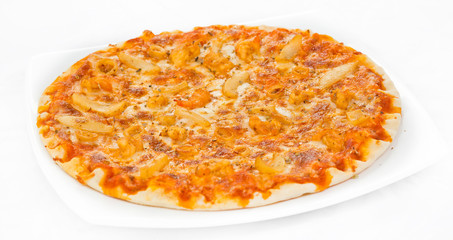 Classic Seafood Pizza with white background.