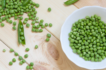 Sugar snap peas background with copy space. Peeled beans collected in a white bowl and scattered on wooden table, few whole pods. Top view.