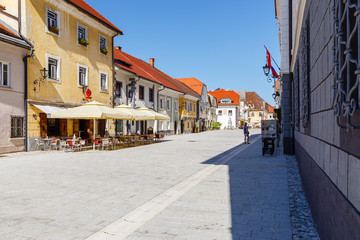 Fototapeta na wymiar Linharotv trg, Radovljica, Slovenija (Slowenien). Rechts die Musikschule und das Imkermuseum. 09.08.2019.
