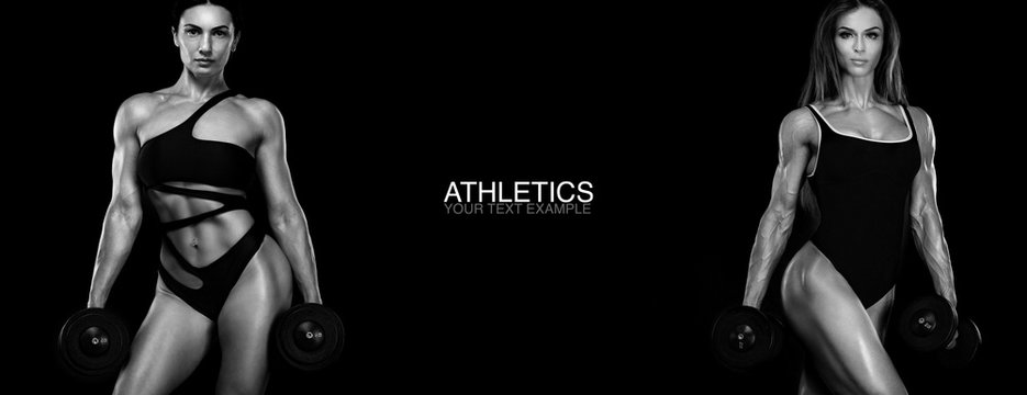 Sport concept. Black and white photo. A strong athletic, women isolated on black with dumbbells, wearing in the sportswear, fitness and sport motivation. Individual sports. Sports recreation.