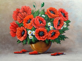 Oil paintings still life, bouquet of flowers in a vase on wooden background. Fine art