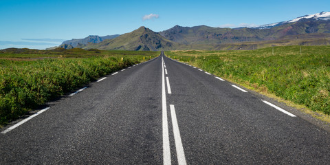 Ring Road (Route 1) in southern Iceland near the town of Vik. The Ring Road circumnavigates the island of Iceland.