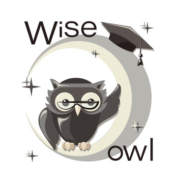 Wise owl in glasses, with a master's cap and a young month. Emblem, logo. Image of a gray owl for use in the design of corporate style, libraries, office supplies, planner, organizer, notebooks.