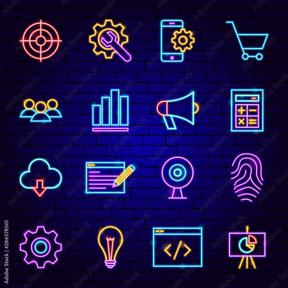 Wall mural Website Development Neon Icons