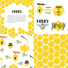 Stoffe zum Nähen Set of seamless patterns, frame, labels. Honeycomb, bees, beehive, jar.