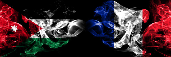 Jordan, Jordanian, France, French smoky mystical flags placed side by side. Thick colored silky smokes flag concept