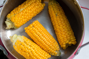 Sweet corn cooked in a steel pan, close up,  top view. Food background
