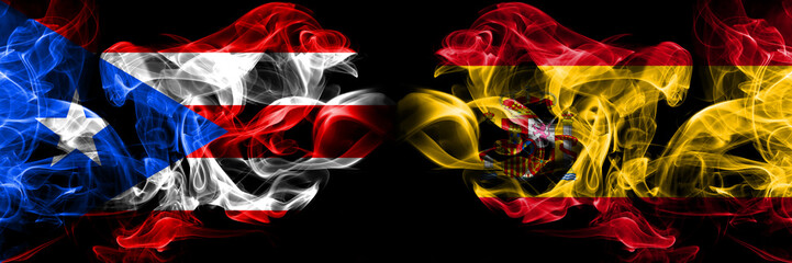 Puerto Rico, Puerto Rican, Spain, Spanish smoky mystical flags placed side by side. Thick colored silky smokes flag concept