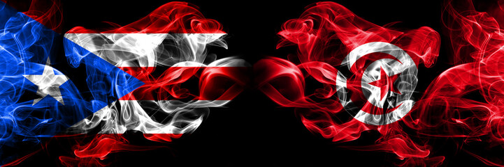 Puerto Rico, Puerto Rican, Tunisia, Tunisian smoky mystical flags placed side by side. Thick colored silky smokes flag concept
