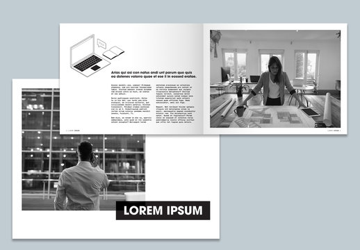 Black and White Business Brochure Layout with Line Illustrations