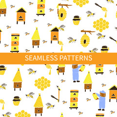 Stoffe zum Nähen seamless patterns with honeycomb, bees, beehive, beekeeper, jar.