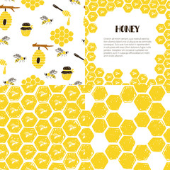 Set of eamless patterns and frame. Honeycomb, bees, beehive, jar.