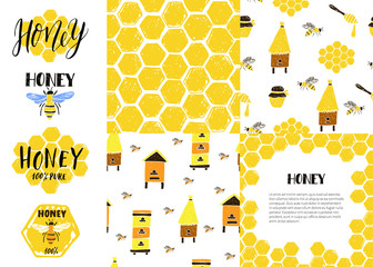 Set of seamless patterns, frame, labels. Honeycomb, bees, beehive, jar.