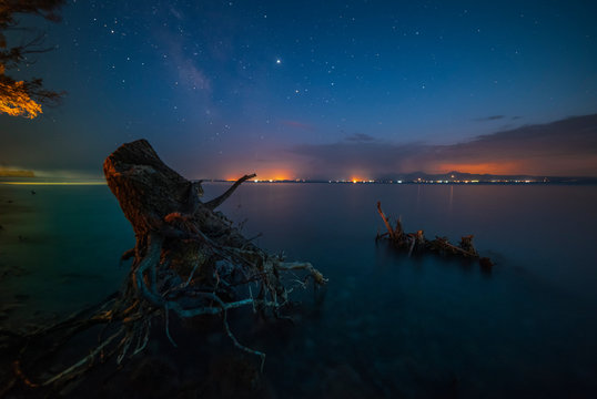 Old stump in the lake and beautiful milky way galaxy. Long exposure. Sevan lake Armenia.
